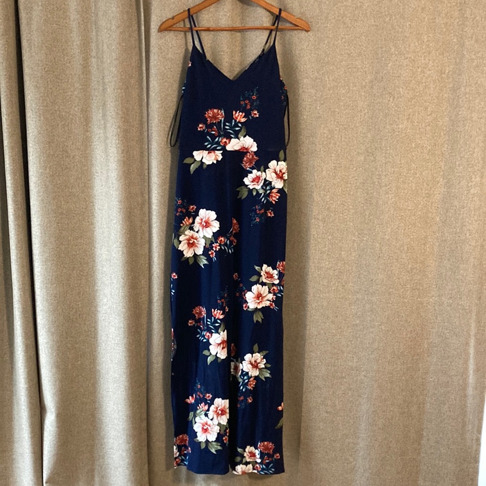 Fortune + Ivy small navy blue floral maxi dress, 20” slit on both sides